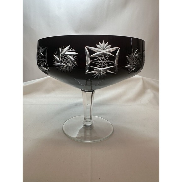 Black Amethyst Bohemian Hand Cut to‎ Clear Crystal Glass Compote Excellent Cond